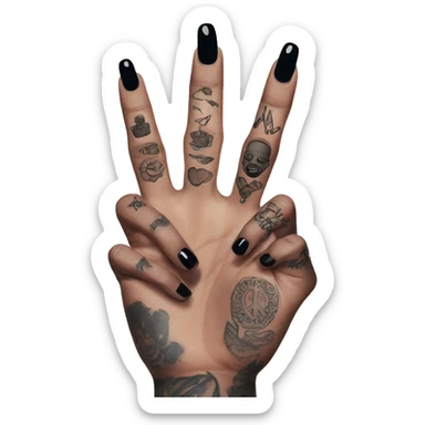 Hand making a peace sign with black nails and tattoos sticker