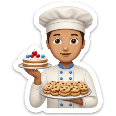 a baker holding a tray of cookies with a cake sticker