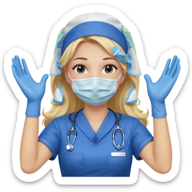 enfermera rubia con pelo largo sin balaca en el pelo, con mascarilla y guantes azules las dos manos arriba sticker
