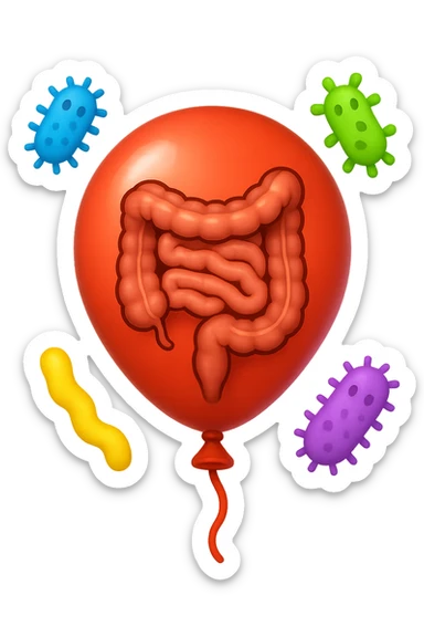emoji stile iphone di un palloncino con intestino dentro e batteri intestinali intorno sticker