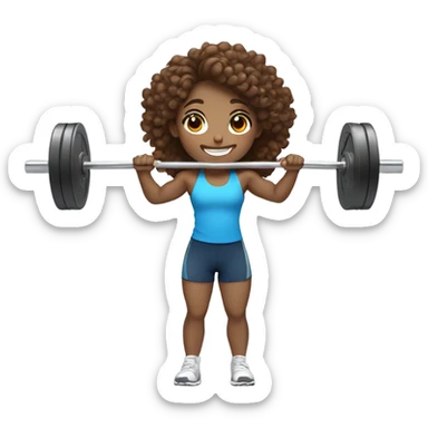 smiling girl weightlifting a barbell with fair skin, long brown curly hair and blue eyes sticker