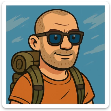 a bold man with very short hair, wearing squared dark glasses, blue eyes, traveler vibe, cartoon style sticker