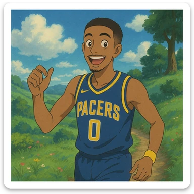 Tyrese Haliburton as a Ghibli character, Indiana Pacers jersey, playful mood, soft textures, fantasy-inspired setting sticker