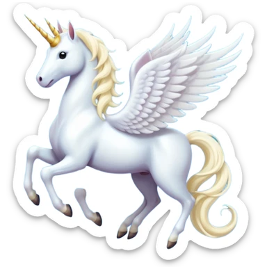 All white Cinematic Noble Unicorn with wings, slender with a flowing mane and tail and spiraled horn sticker