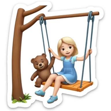 Create a 3D animated scene in the style of a children's cartoon. A small girl similar to Masha is sitting on a swing, smiling happily. A big friendly bear stands behind her gently pushing the swing. Bright colorful forest background, soft lighting, warm and playful mood." sticker