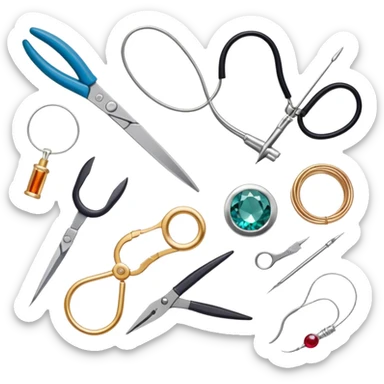 Jewelry art icon, various jewelry pieces like rings, necklaces, and bracelets in progress, visible tools such as pliers, gemstone, wire, and soldering equipment, minimalistic style, clean lines, transparent background. sticker