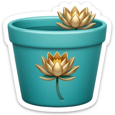 Decorative turquoise ceramic flower pot with a low, cylindrical shape and a lotus flower plant sticker