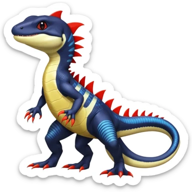 Black and white Orca-hybrid-reptile-reptilian-lizard-skink-gecko-Digimon-Fakémon-Pokémon-fusion-hybrid full body, two legs, two arms, claws, anthropomorphic, with red stripe sticker