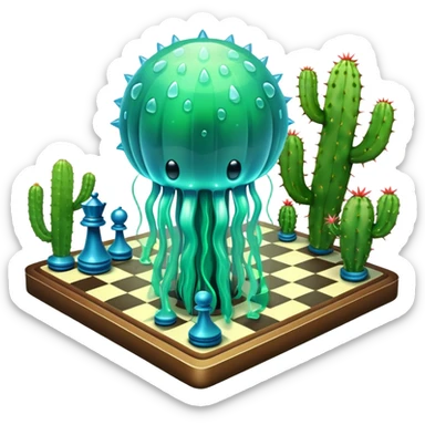surreal cosmic jellyfish playing chess with a cactus sticker