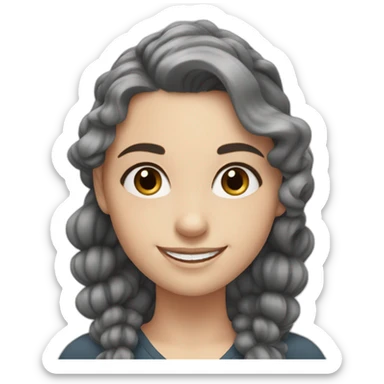 white girl with black long curly ponytail and grey eyes smiling sticker