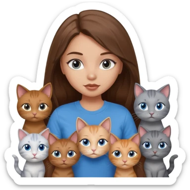 a pretty bratz dusky light skin girl with long brown hair, blue eyes with six cats nd wearing a grey tshirt sticker