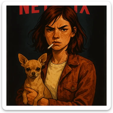 Stylized Netflix poster: rebellious woman, tanned skin, freckles, pale #FFF8CA shirt, rust jacket, medium-length auburn brown hair, holding beige-brown chihuahua, dark background. sticker