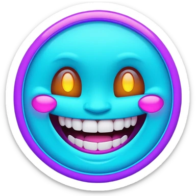 futuristic glowing emoji face laughing wide with glowing teeth, purple and cyan neon light, dark background sticker