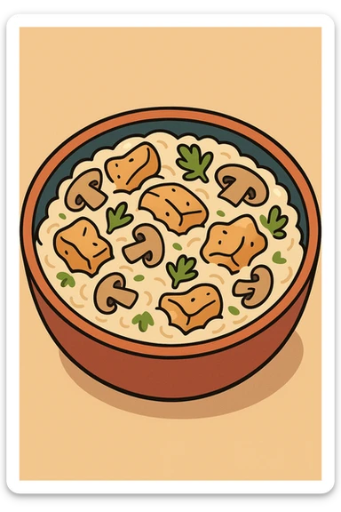 cartoon style bowl of creamy chicken mushroom risotto, garnished with parsley, bright and playful sticker