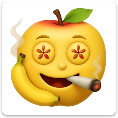 Add a cartoon joint with smoke to the smiley face made of apples as eyes and a banana as the mouth. Make it look like the face is smoking weed, keep the emoji style. sticker