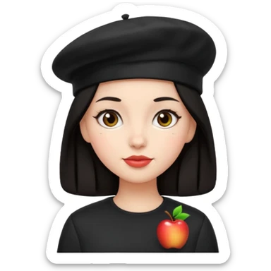 girl with dark hair wearing a black beret hat, apple emoji style sticker