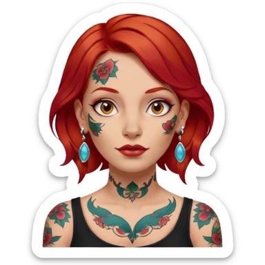 red hair woman with extra  big earring and face tattoed sticker