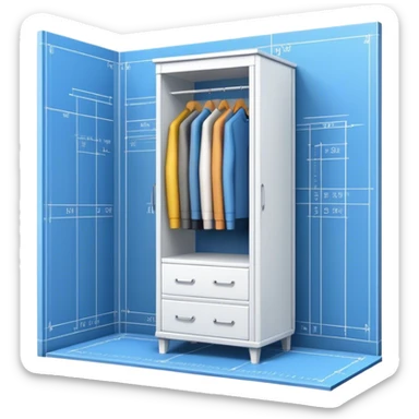 Professional emoji for Furniture Design: a close-up of a 3D wardrobe on top of a blueprint, with a measuring tape beside it. The icon should represent the detailed design and measurement process in furniture design. Transparent background. sticker