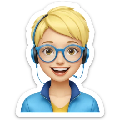 yellow-skinned girl with stylish blue ombre short hair, futuristic glasses, wireless headphones, laughing sticker