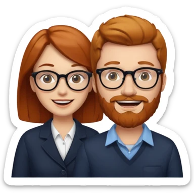 Wedding couple. Woman with dark hair, man with ginger hair and beard with glasses sticker
