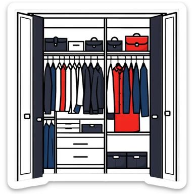 Modern closet with door ajar showing organized professional clothing, work wardrobe storage sticker