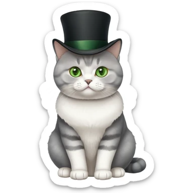 British Shorthair cat full body sitting with a top hat and green eyes sticker