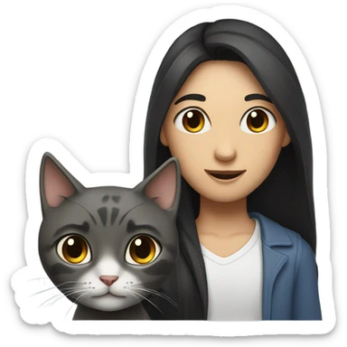 man with very long dark hair and brunette girl with grey cat in her arms sticker