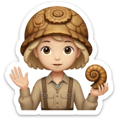Shelly has a small, chibi-style body with a large ammonite-shaped head that looks like a beige fossil shell. One side of her head has a dark opening, making it clear she isn’t human. Her face is simple and soft, with big round eyes. She wears a brown suspender outfit over a lighter shirt sticker