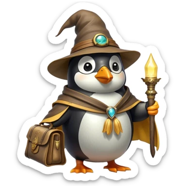 A wizard-explorer penguin inspired by Indiana Jones, wearing a weathered yellow enchanted hat and a flowing cape. It carries a leather satchel with ancient scrolls and holds a glowing magical relic. Cartoon-style, smooth shading, highly detailed, no background sticker