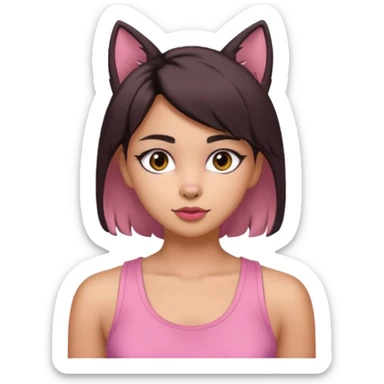 chica morena clara, corte de cabello wolf cut medio, con una blusa de tirantes simple, rosa y coquette sticker