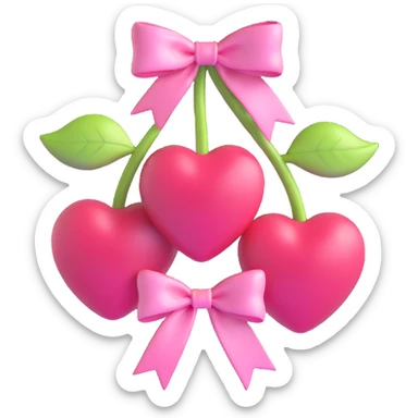 two pink heart-shaped cherries with a pink ribbon bow, glossy and cute, on a white background sticker