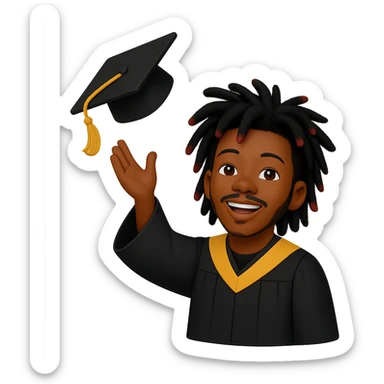 Create a male African American graduate emoji based on the reference photo with his hairstyle and features, wearing a graduation cap and gown, throwing the graduation cap in the air. Remove the background. sticker