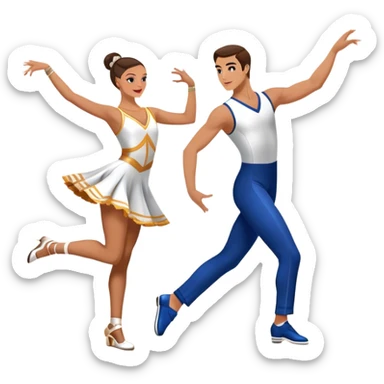 Icon for Sports Dance: a couple performing an energetic and synchronized dance, dressed in competitive dance attire, dance shoes, a rhythmically placed dance floor, and a competition backdrop. The icon should capture the athleticism, technique, and precision of sports dance. Transparent background. sticker