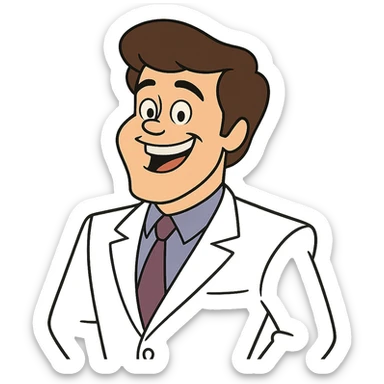 Donny Osmond from Johnny Bravo, cheerful man with brown hair, white suit, and big smile, cartoon style sticker