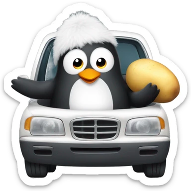 A fluffy penguin eating a potato inside of a car sticker