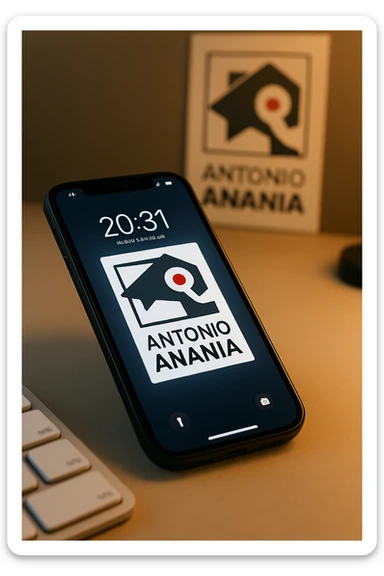 A photo of an iPhone with the message "Antonio Anania" on its screen, The phone sits atop a desk with a blurred background that suggests work environment. A faint glow from above casts gentle shadows across the surface of each object, creating depth and highlighting their textures sticker