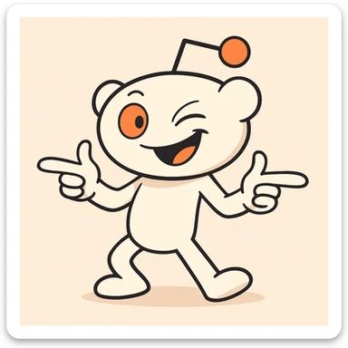 Snoo the Reddit mascot doing finger guns, cartoon style, energetic pose, white and orange colors sticker