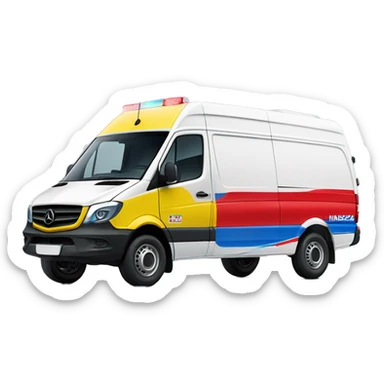yellow medical mercedes sprinter with red-blue lightbar and on the side 1 red line with a hungarian flag and 1 OMSZ  label sticker