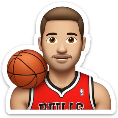 basketball player style "bitmoji snapchat", with red chicago bulls t-shirt, bitmoji with distance of camera, white skin, brown hair sticker