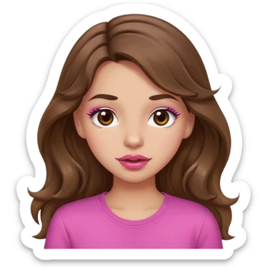 girl with long wavy brown hair, brown eyes, light to medium complexion, in a pink shirt, pink lips, long lashes, puckering lips, winking sticker