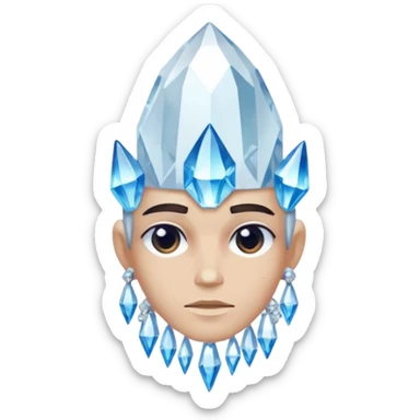 A single crystal character inspired by a clear quartz cluster, chunky base with many tall transparent crystal spikes growing upward all around it with a face sticker