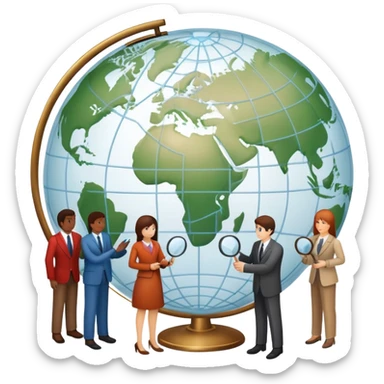 An icon featuring a group of people, a network diagram, and a magnifying glass, symbolizing sociology. The design includes a globe and interconnected lines, representing social structures and relationships. Transparent background highlights the study of societies and human behavior. sticker