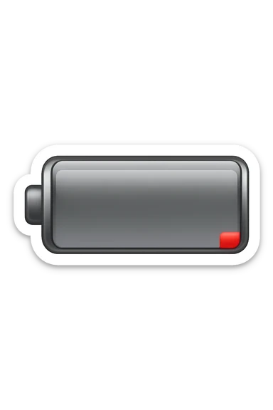 iPhone-style emoji of a battery that is almost empty, with a small red bar at the end indicating low energy. Clean, minimal, glossy look, transparent background. sticker