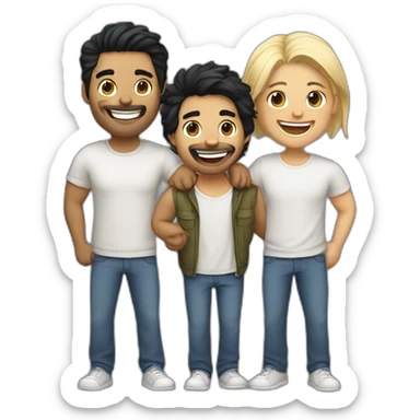 Gay couple (2 man), 1 Latino black hair the other one Australian blonde hair with a cat in the middle laughing full body sticker
