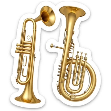 Create a simple and symbolic emoji collage representing wind instruments. Include a variety of iconic elements like the bell of a trumpet, the mouthpiece of a saxophone, and a subtle outline of a trombone. Arrange the elements in a dynamic and balanced way. Use warm metallic tones like gold, brass, and silver for the instruments, with a clean and minimalist design. The background should be transparent, focusing on the shapes and silhouettes of the instruments to convey their essence without excessive detail. sticker