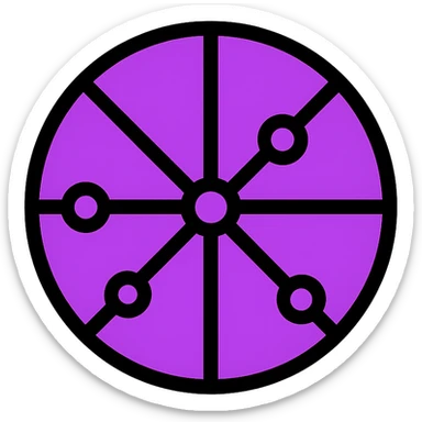 minimalist abstract icon of a global internet network, circular or hexagonal shape formed by connected points and neon-bright violet lines radiating from center to edges, on neutral or white background, highly recognizable at 18x18px sticker