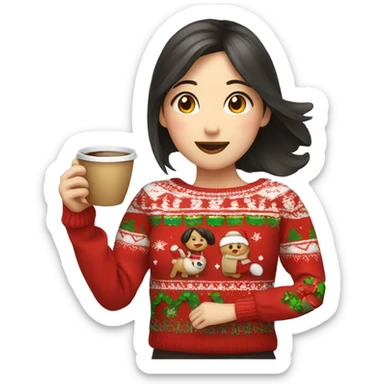 asian girl drinking coffee wearing cute Christmas sweater sticker