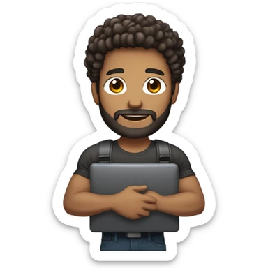 Web designer carrying a computer in his hands. light brown skin men with curly dark brown hair, brown eyes, little grown beard. imposing, muscular build. sticker