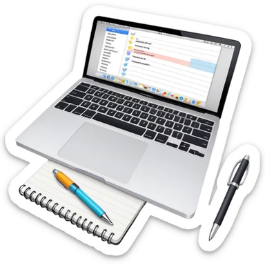 top view of a MacBook and a notebook with a pen nearby, notebook with visible notes sticker