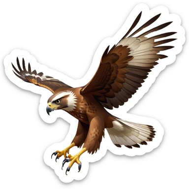 cinematic-hawk-realistic-full-body-hunting-emoji,-powerful-brown-and-white-feathered-frame-gliding-over-a-vast-landscape,-sharp-hooked-beak-partially-open,-intelligent-eyes-focused-intensely-on-the-ground-below,-strong-talons-flexing-in-anticipation,-broad-wings-catching-the-wind-with-effortless-grace,-simplified-yet-realistic-focused-features,-highly-detailed,-glowing-with-a-bold-determined-light sticker